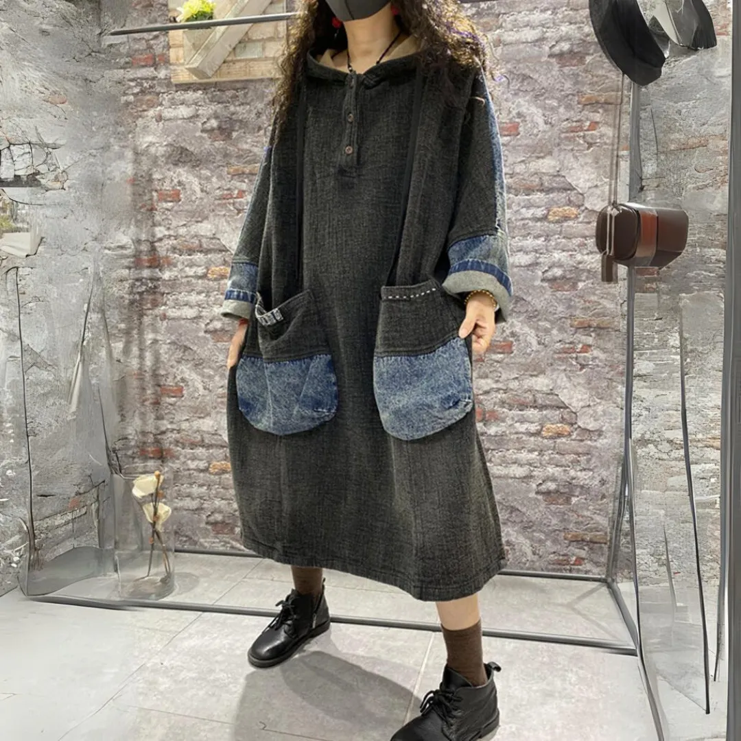 Jeanskleid mit Patchwork, Spitze und langen Ärmeln