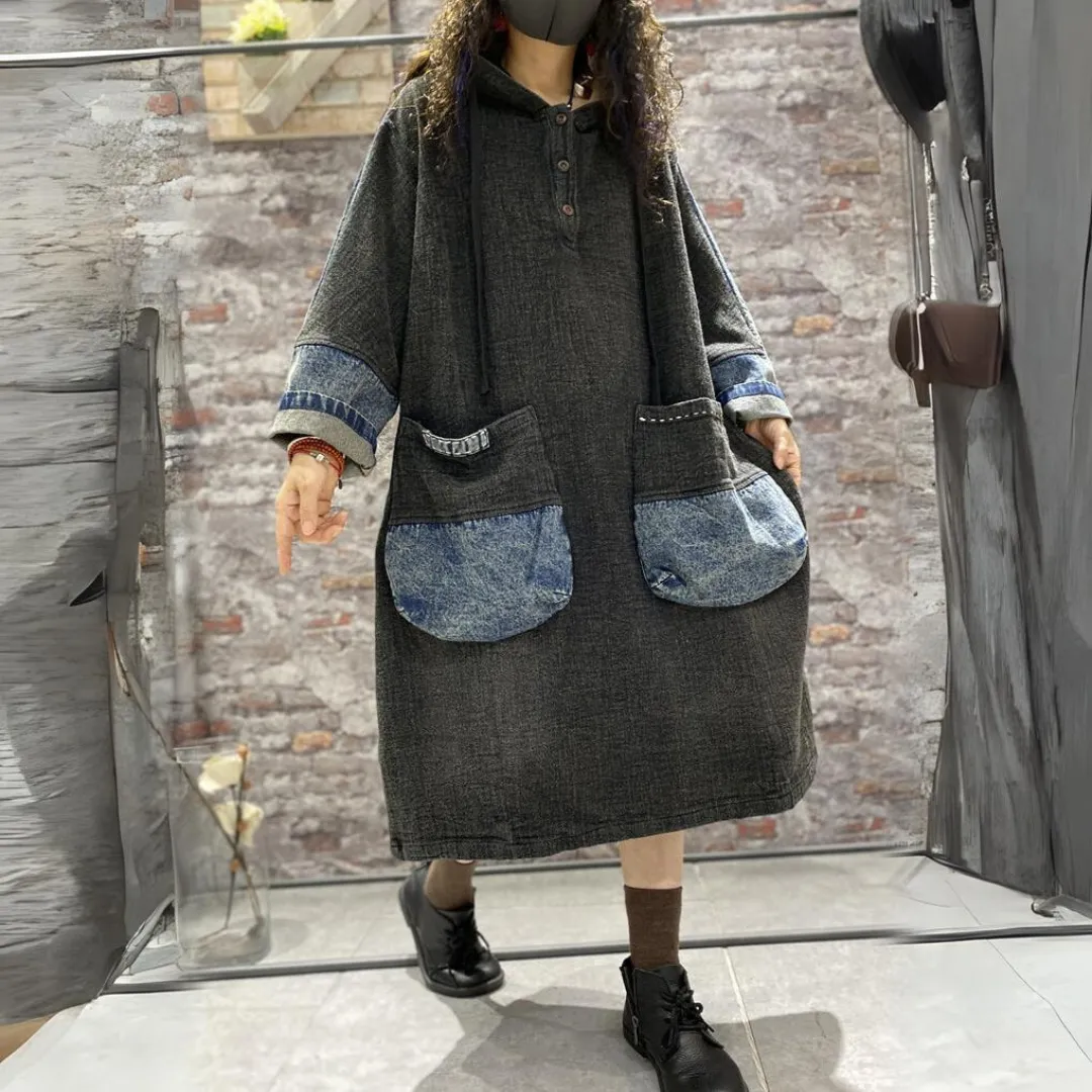 Jeanskleid mit Patchwork, Spitze und langen Ärmeln