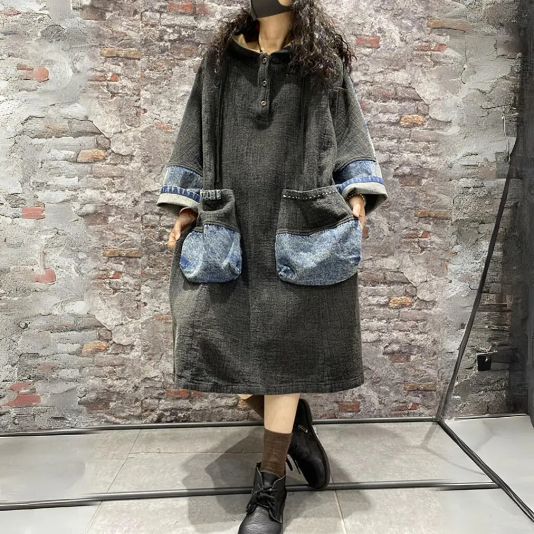 Jeanskleid mit Patchwork, Spitze und langen Ärmeln