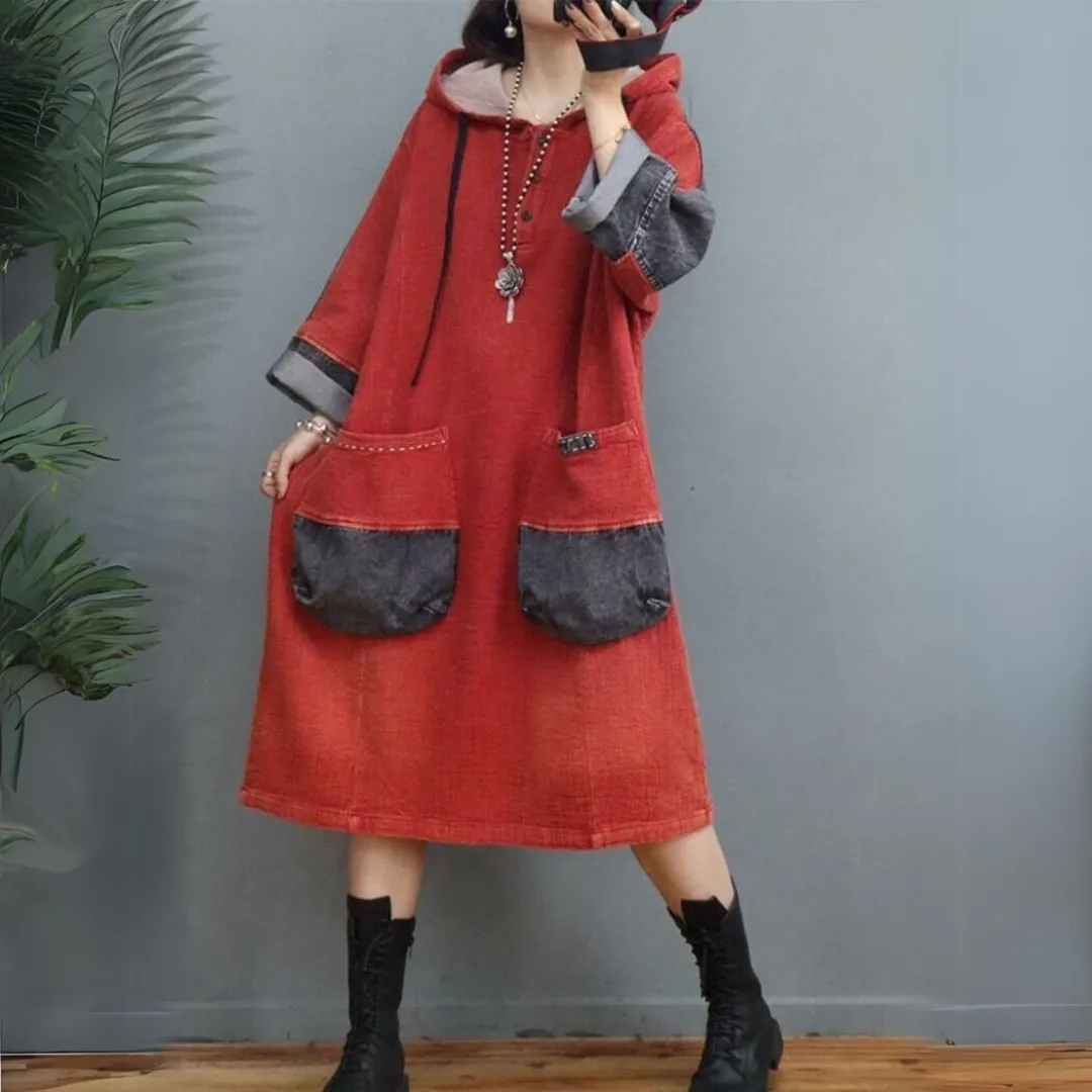 Jeanskleid mit Patchwork, Spitze und langen Ärmeln