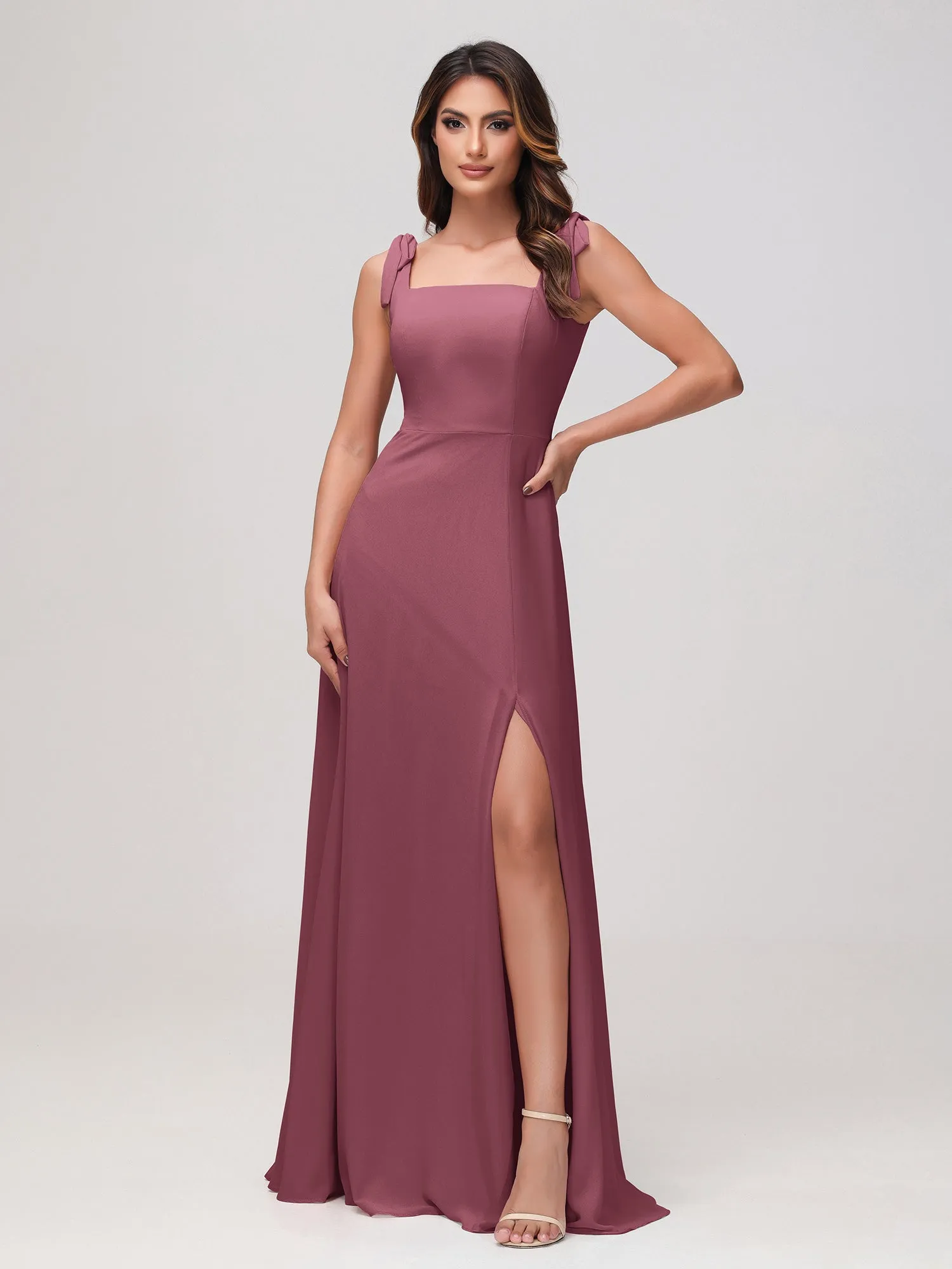 Quadratischer Ausschnitt rmellos Bodenlang Chiffon Kleid Maulbeere