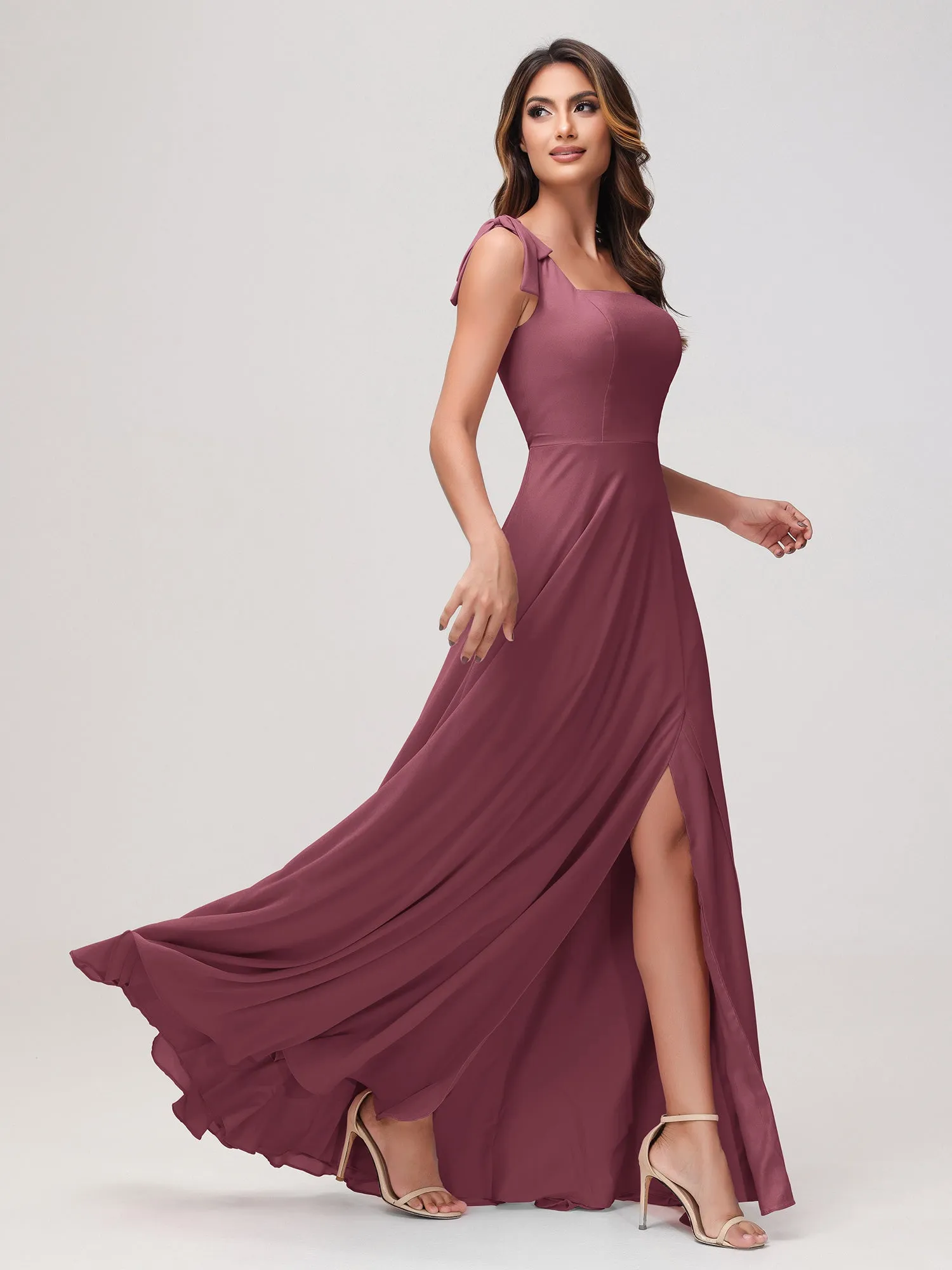 Quadratischer Ausschnitt rmellos Bodenlang Chiffon Kleid Maulbeere