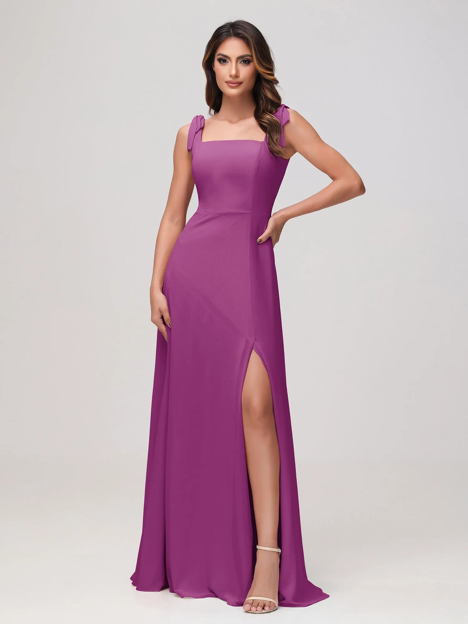 Quadratischer Ausschnitt rmellos Bodenlang Chiffon Kleid Orchidee