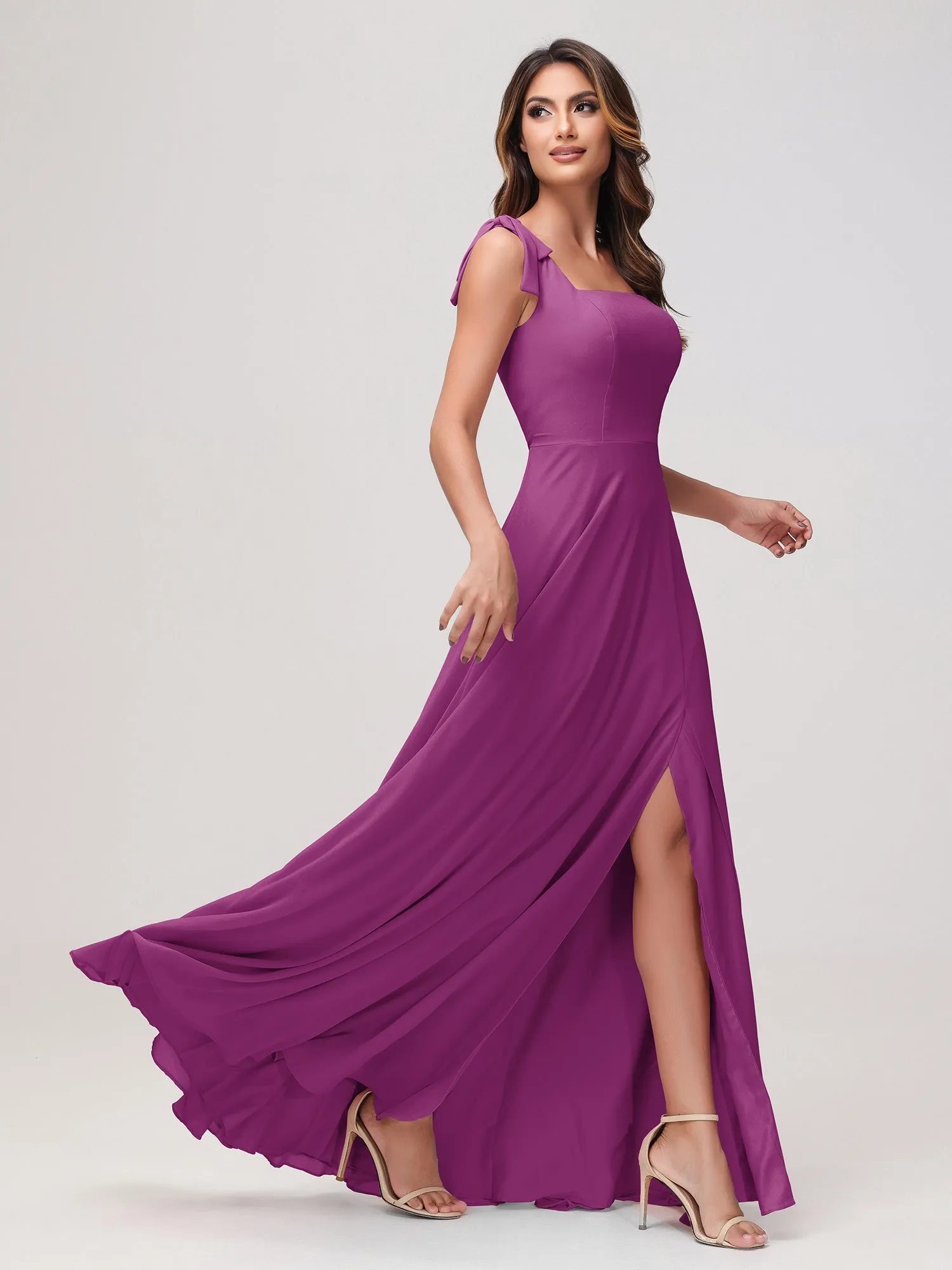 Quadratischer Ausschnitt rmellos Bodenlang Chiffon Kleid Orchidee