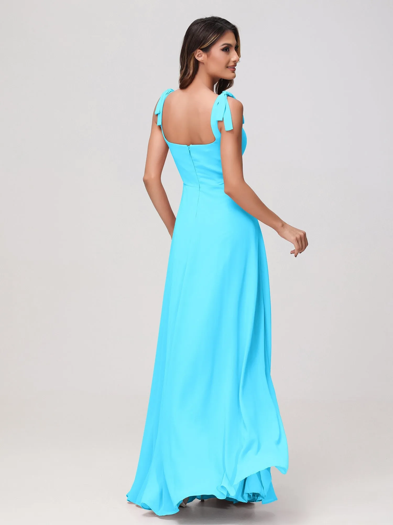 Quadratischer Ausschnitt rmellos Bodenlang Chiffon Kleid Schwimmbadblau