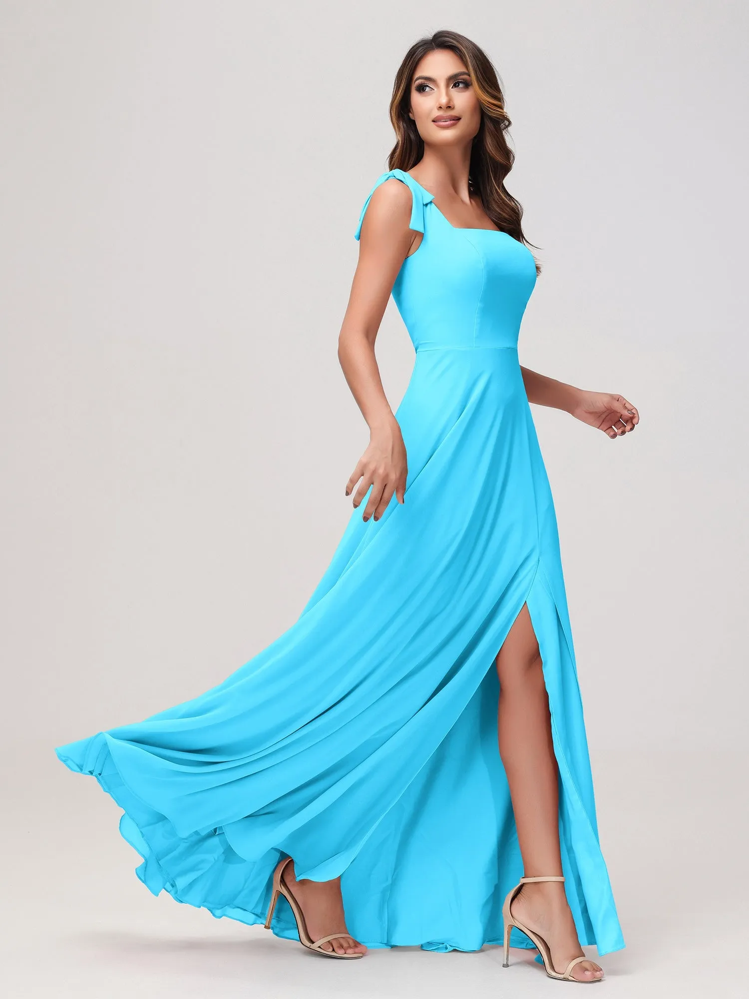 Quadratischer Ausschnitt rmellos Bodenlang Chiffon Kleid Schwimmbadblau