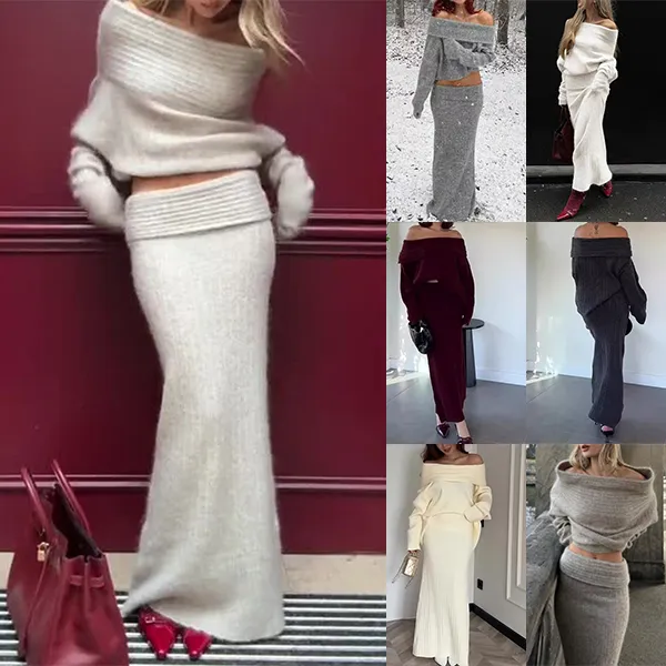Schickes geripptes zweiteiliges Set aus schulterfreiem Pullover und Maxirock