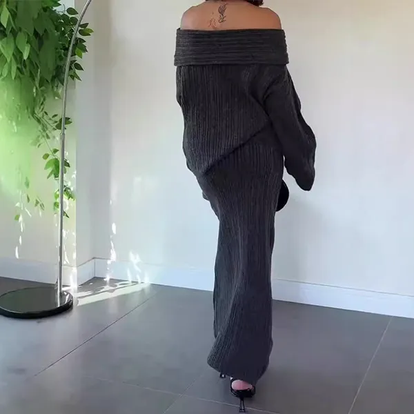 Schickes geripptes zweiteiliges Set aus schulterfreiem Pullover und Maxirock